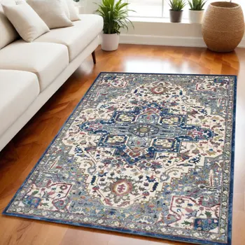 8' X 10' Navy Blue and Ivory Floral Medallion Distressed Non Skid Area Rug