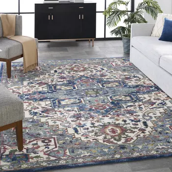 8' X 10' Navy Blue and Ivory Floral Medallion Distressed Non Skid Area Rug