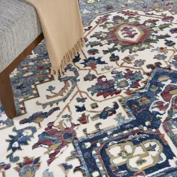 8' X 10' Navy Blue and Ivory Floral Medallion Distressed Non Skid Area Rug
