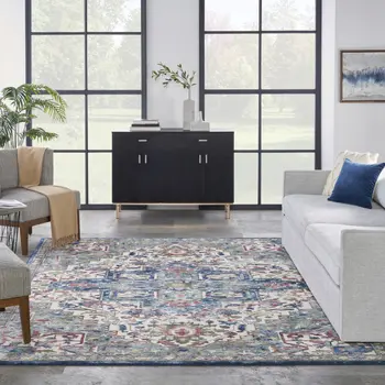 8' X 10' Navy Blue and Ivory Floral Medallion Distressed Non Skid Area Rug