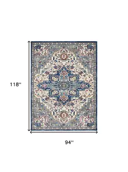 8' X 10' Navy Blue and Ivory Floral Medallion Distressed Non Skid Area Rug