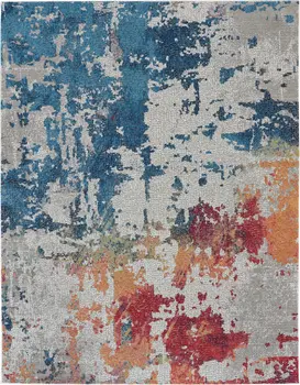 8' X 10' Ivory Red and Blue Abstract Distressed Non Skid Area Rug