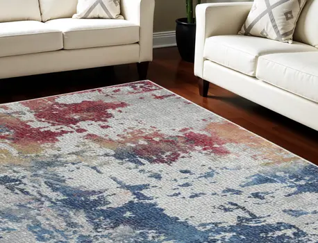 8' X 10' Ivory Red and Blue Abstract Distressed Non Skid Area Rug