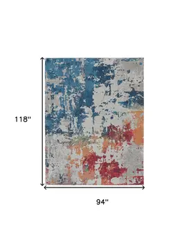 8' X 10' Ivory Red and Blue Abstract Distressed Non Skid Area Rug