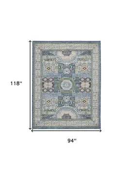 8' X 10' Ivory Blue and Green Oriental Distressed Non Skid Area Rug