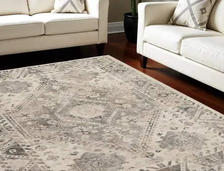 8' X 11' Cream and Gray Floral Distressed Area Rug