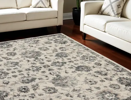 8' X 11' Cream and Gray Floral Distressed Area Rug