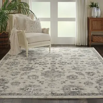 8' X 11' Cream and Gray Floral Distressed Area Rug