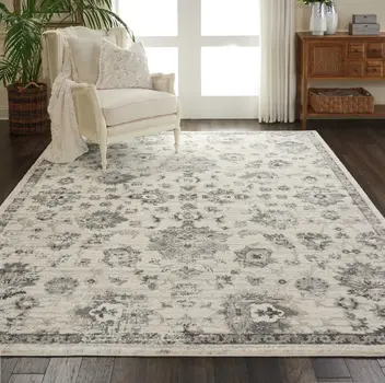 8' X 11' Cream and Gray Floral Distressed Area Rug