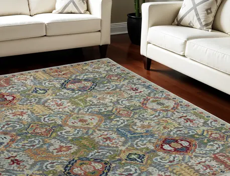 8' X 10' Blue Gray and Green Floral Distressed Non Skid Area Rug