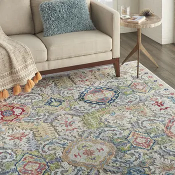 8' X 10' Blue Gray and Green Floral Distressed Non Skid Area Rug