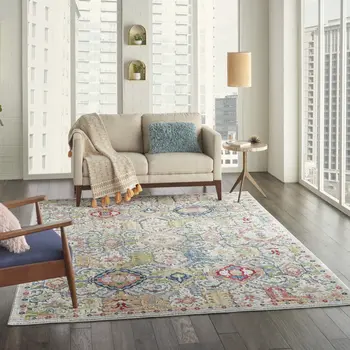 8' X 10' Blue Gray and Green Floral Distressed Non Skid Area Rug