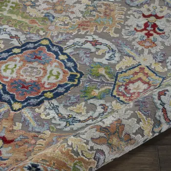 8' X 10' Blue Gray and Green Floral Distressed Non Skid Area Rug