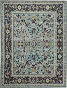 8' X 10' Teal Blue Orange and Black Floral Medallion Distressed Non Skid Area Rug