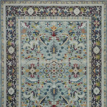 8' X 10' Teal Blue Orange and Black Floral Medallion Distressed Non Skid Area Rug
