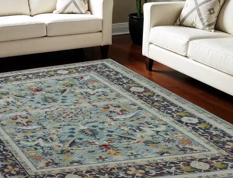 8' X 10' Teal Blue Orange and Black Floral Medallion Distressed Non Skid Area Rug