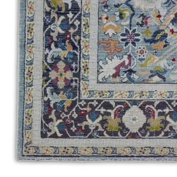 8' X 10' Teal Blue Orange and Black Floral Medallion Distressed Non Skid Area Rug