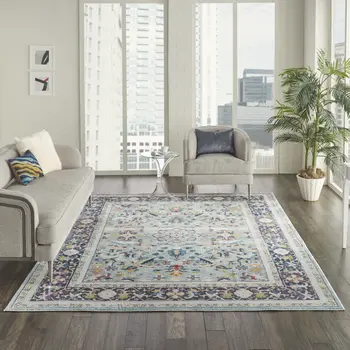8' X 10' Teal Blue Orange and Black Floral Medallion Distressed Non Skid Area Rug