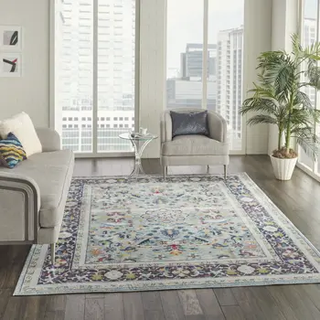 8' X 10' Teal Blue Orange and Black Floral Medallion Distressed Non Skid Area Rug