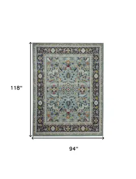 8' X 10' Teal Blue Orange and Black Floral Medallion Distressed Non Skid Area Rug