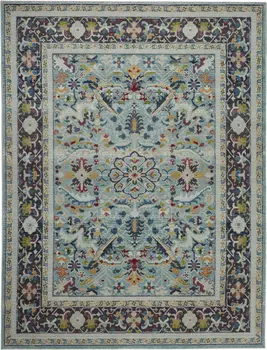 8' X 10' Teal Blue Orange and Black Floral Medallion Distressed Non Skid Area Rug