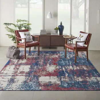 8' X 10' Ivory Red and Blue Abstract Non Skid Area Rug