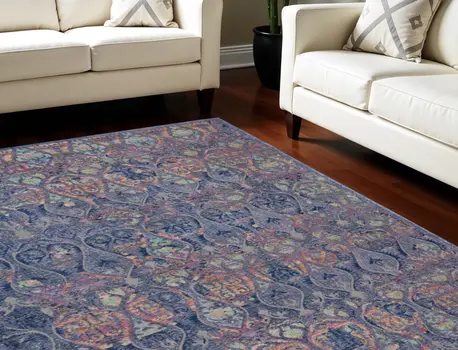 8' X 10' Navy Blue and Orange Ogee Distressed Non Skid Area Rug
