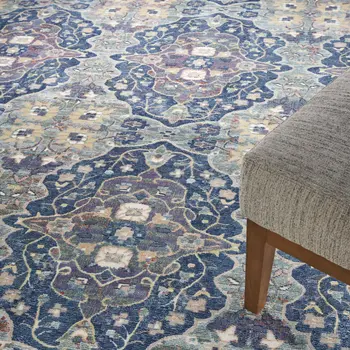 8' X 10' Ivory Navy Blue and Yellow Floral Distressed Non Skid Area Rug