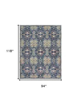 8' X 10' Ivory Navy Blue and Yellow Floral Distressed Non Skid Area Rug