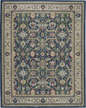 8' X 10' Navy Blue and Yellow Floral Distressed Non Skid Area Rug
