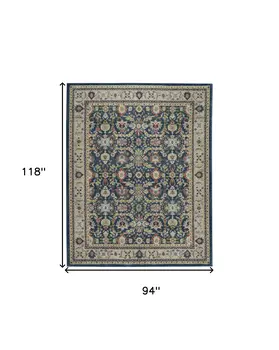 8' X 10' Navy Blue and Yellow Floral Distressed Non Skid Area Rug