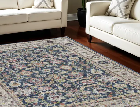 8' X 10' Navy Blue and Yellow Floral Distressed Non Skid Area Rug