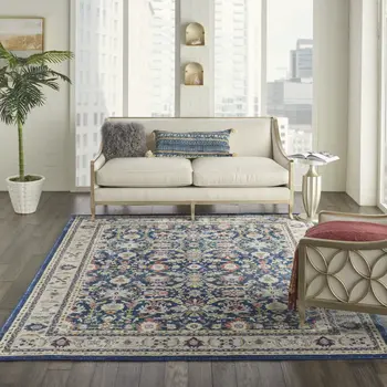 8' X 10' Navy Blue and Yellow Floral Distressed Non Skid Area Rug