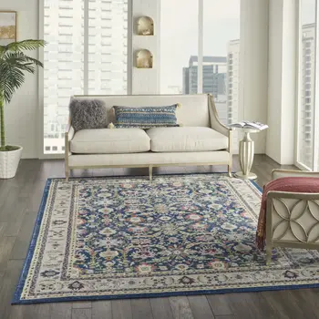 8' X 10' Navy Blue and Yellow Floral Distressed Non Skid Area Rug