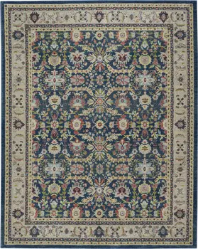 8' X 10' Navy Blue and Yellow Floral Distressed Non Skid Area Rug