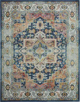 8' X 10' Ivory Blue and Orange Floral Medallion Distressed Non Skid Area Rug