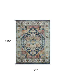 8' X 10' Ivory Blue and Orange Floral Medallion Distressed Non Skid Area Rug