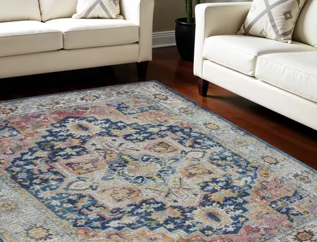 8' X 10' Ivory Blue and Orange Floral Medallion Distressed Non Skid Area Rug