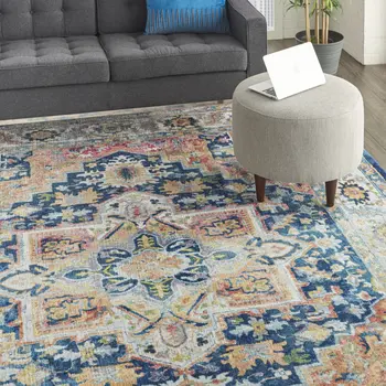 8' X 10' Ivory Blue and Orange Floral Medallion Distressed Non Skid Area Rug