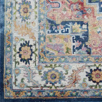 8' X 10' Ivory Blue and Orange Floral Medallion Distressed Non Skid Area Rug