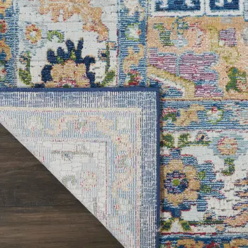 8' X 10' Ivory Blue and Orange Floral Medallion Distressed Non Skid Area Rug
