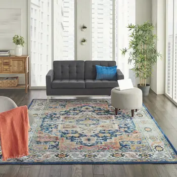 8' X 10' Ivory Blue and Orange Floral Medallion Distressed Non Skid Area Rug