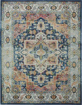 8' X 10' Ivory Blue and Orange Floral Medallion Distressed Non Skid Area Rug