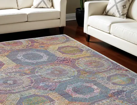 8' X 10' Blue Red and Orange Geometric Distressed Non Skid Area Rug