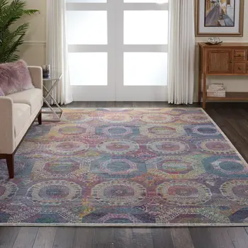 8' X 10' Blue Red and Orange Geometric Distressed Non Skid Area Rug
