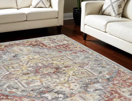 8' X 10' Blue and Red Floral Distressed Area Rug