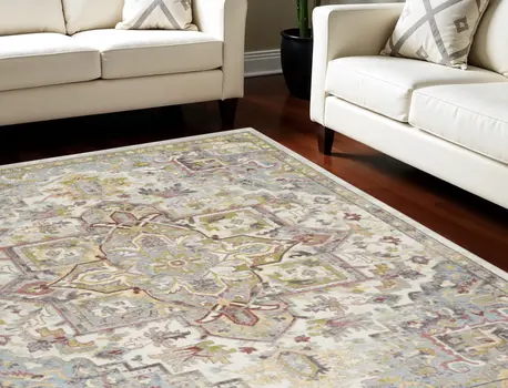 8' X 10' Ivory Green and Gray Floral Area Rug