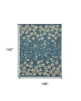9' X 12' Turquoise and Cream Floral Area Rug