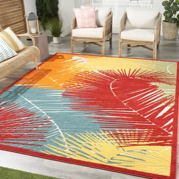 10' X 13' Yellow Red Orange Blue And Green Palm Leaf Indoor Outdoor Area Rug