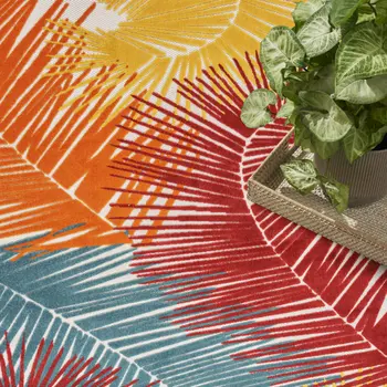 10' X 13' Yellow Red Orange Blue And Green Palm Leaf Indoor Outdoor Area Rug